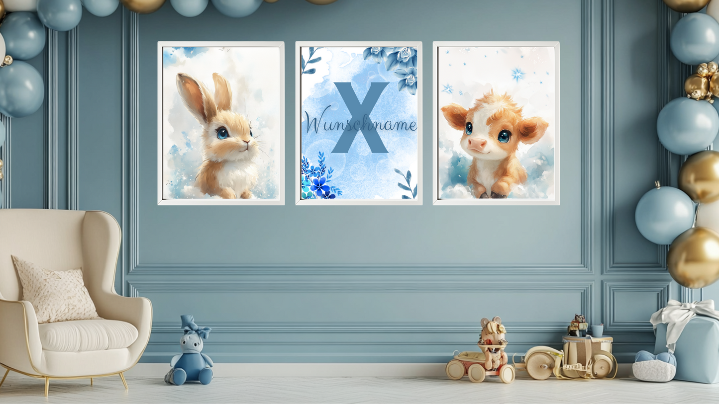 Trio Wandbilder-Set "Blaues Wunder" - mit personalisierten Namen in Aquarell Blau - [DIN A4]